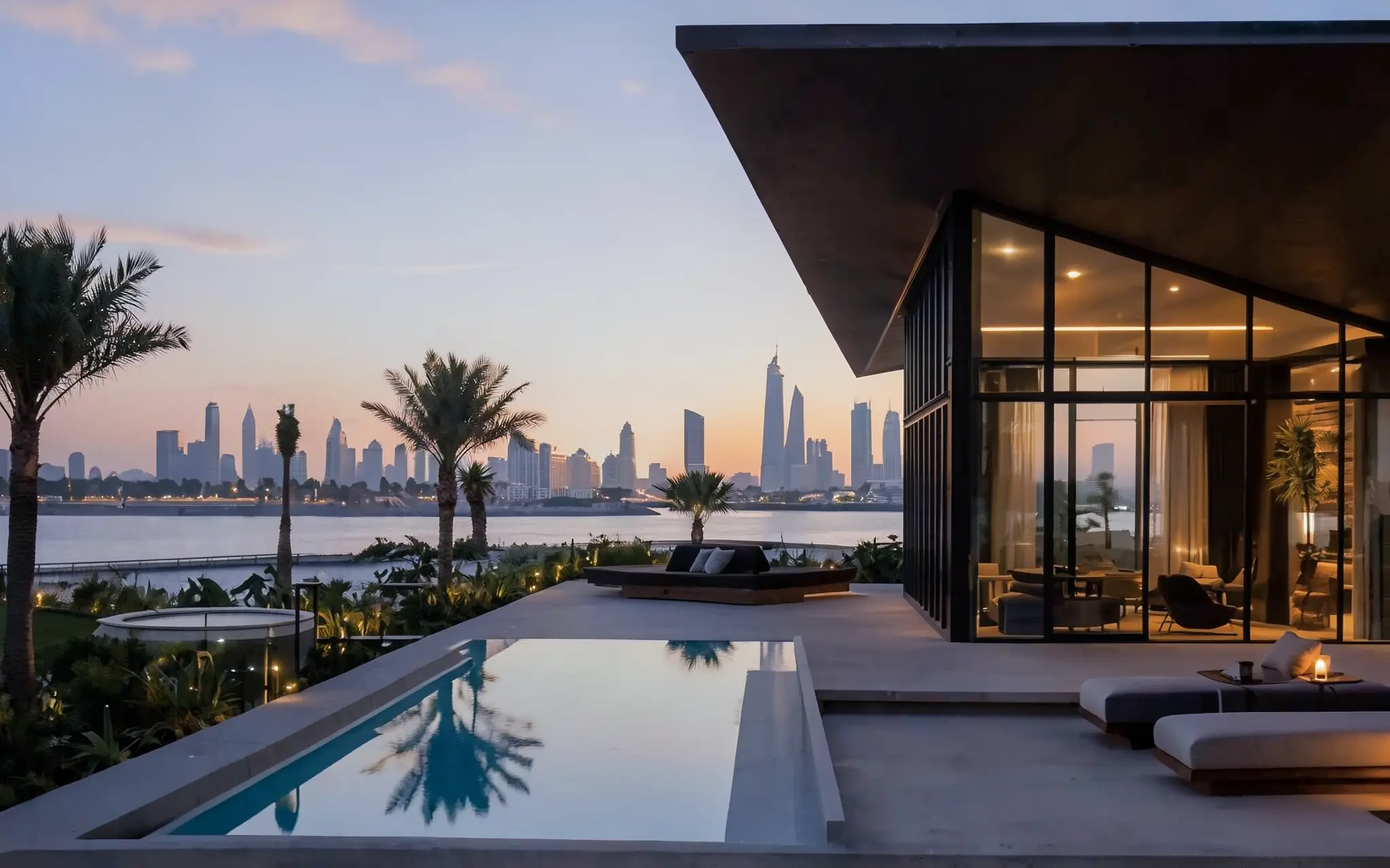 A glass villa and its infinity pool at dusk with a city skyline across the water (illustrative, generated).